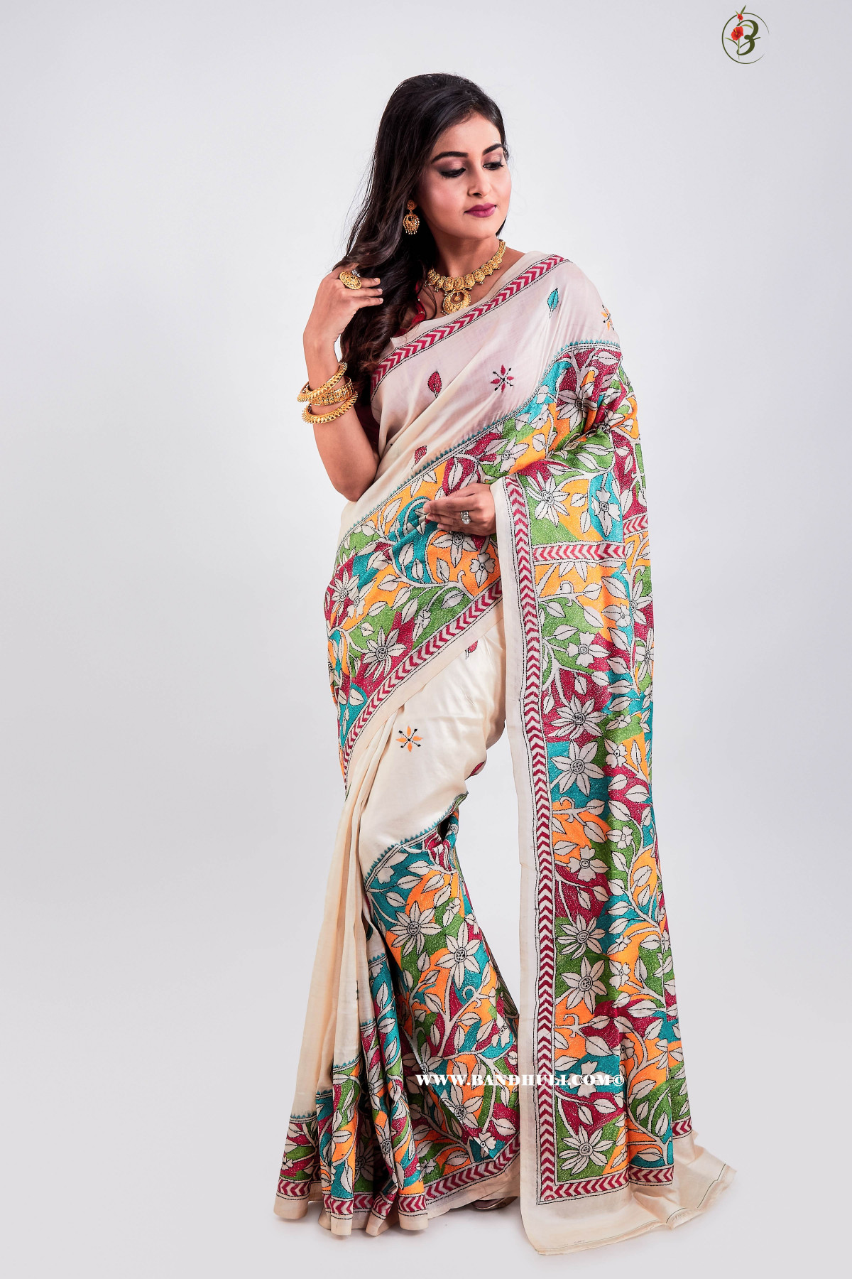 Kantha Stitch Reverse floral Tussar Saree